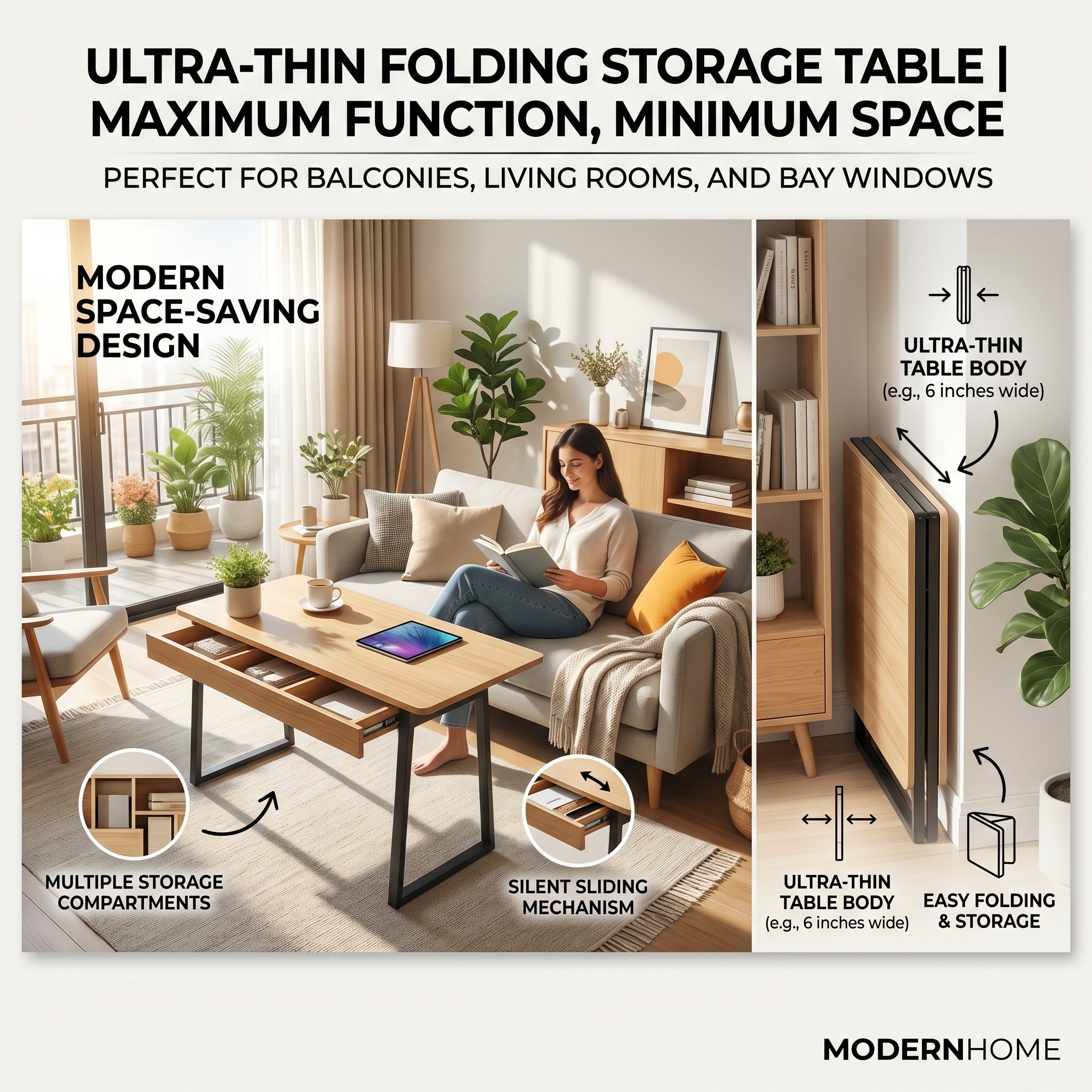 Ultra Thin Folding Low Table, Portable Space-Saving Storage Side Table for Home Living Room Bedroom
